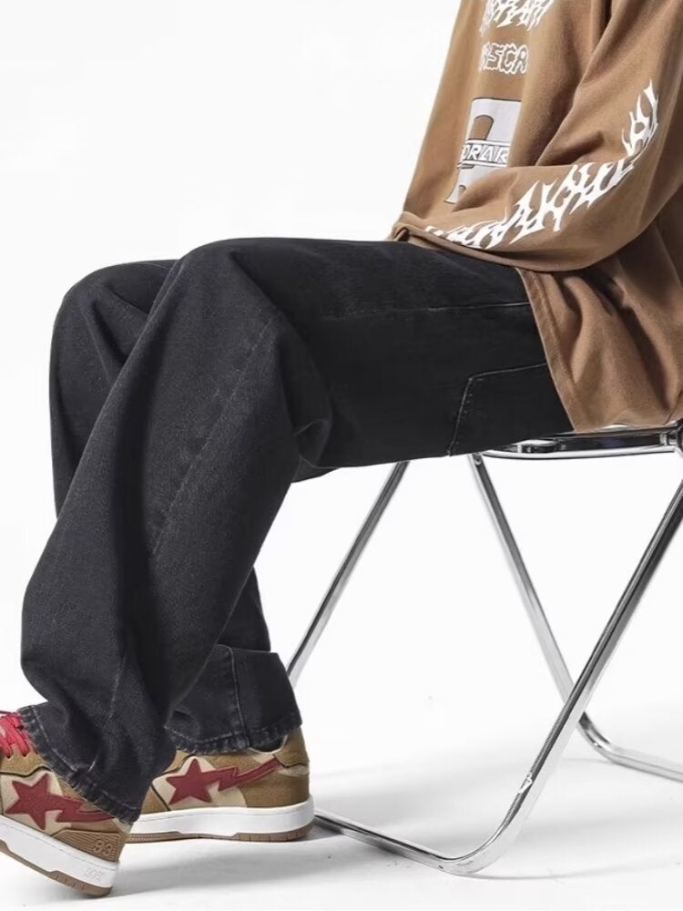 Jeans Spring & Fall Women'S Loose Oversize Trendyy Handsome Drawstring Elastic Waist Men'S And Women'S Same Style Pants Straight Pants - Image 5